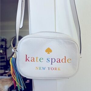 KATE SPADE Rainbow Tassel Kourtney Logo Camera Crossbody Bag Purse Pebbled White